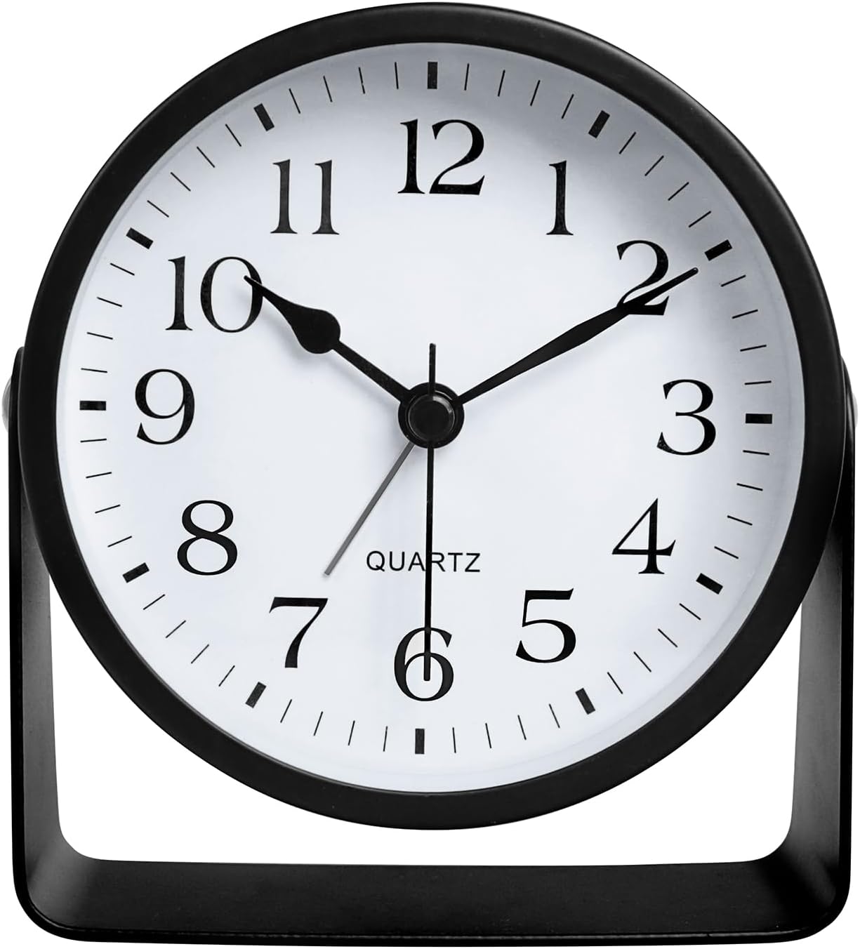 Analog Alarm Clock, Silent Non-Ticking Battery Operated with On-Demand Night Soft Light, 360° Rotatable Metal Desk Clock for Bedroom Bedside, Shelf, Mantal, Office Desk, Travel (Black)