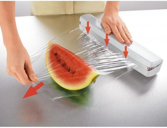 Plastic Wrap Cutter, Food Freshness Dispenser Preservative Film Unwinding Cutting Foil Cling Wrap Kitchen Accessories Easy to Use Just Pull Press Cut and Wrap