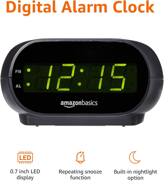 Amazon Basics Small Digital Oval Alarm Clock with LED Display, Nightlight, Snooze Function & Battery Backup, Black, 4.5 x 3.5 x 2.4 Inches