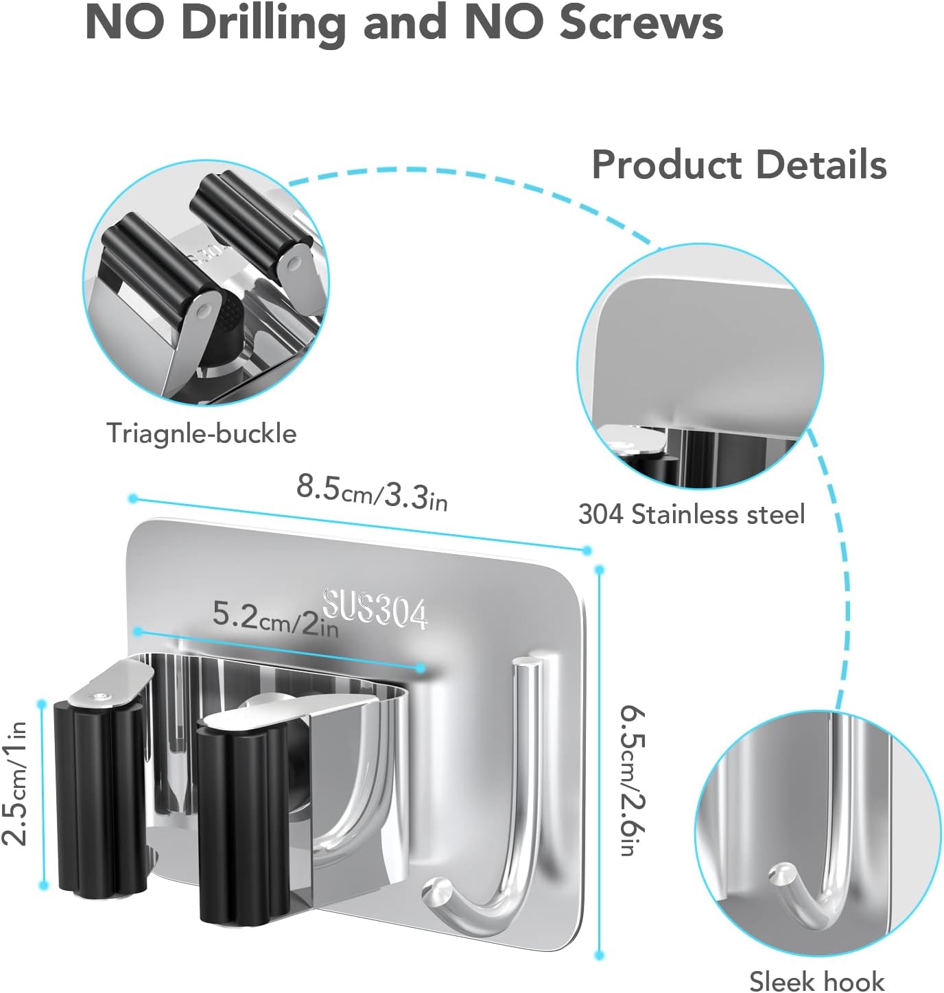 homeasy Broom Holder Wall Mount 4Pcs, Self Adhesive Mop Broom Hanger Black | Self adhesive stainless steel broom organizer with 4 hooks, holds mops, brooms and garden tools without drilling