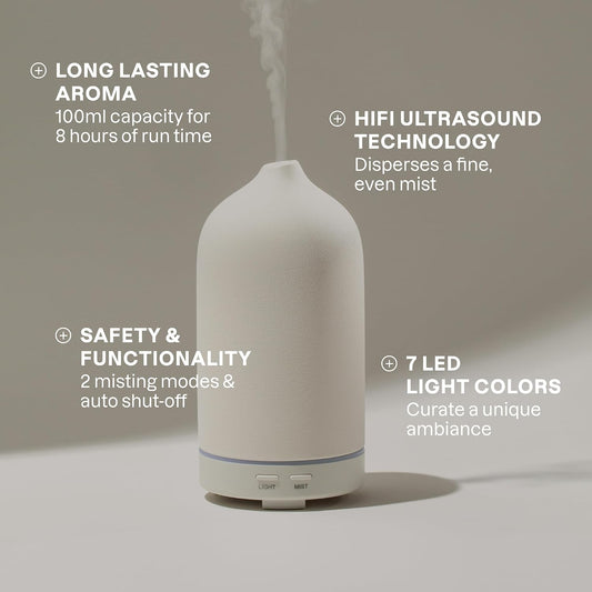 Cliganic Ceramic Essential Oil Diffuser, 100ml Cool Mist Humidifier, White