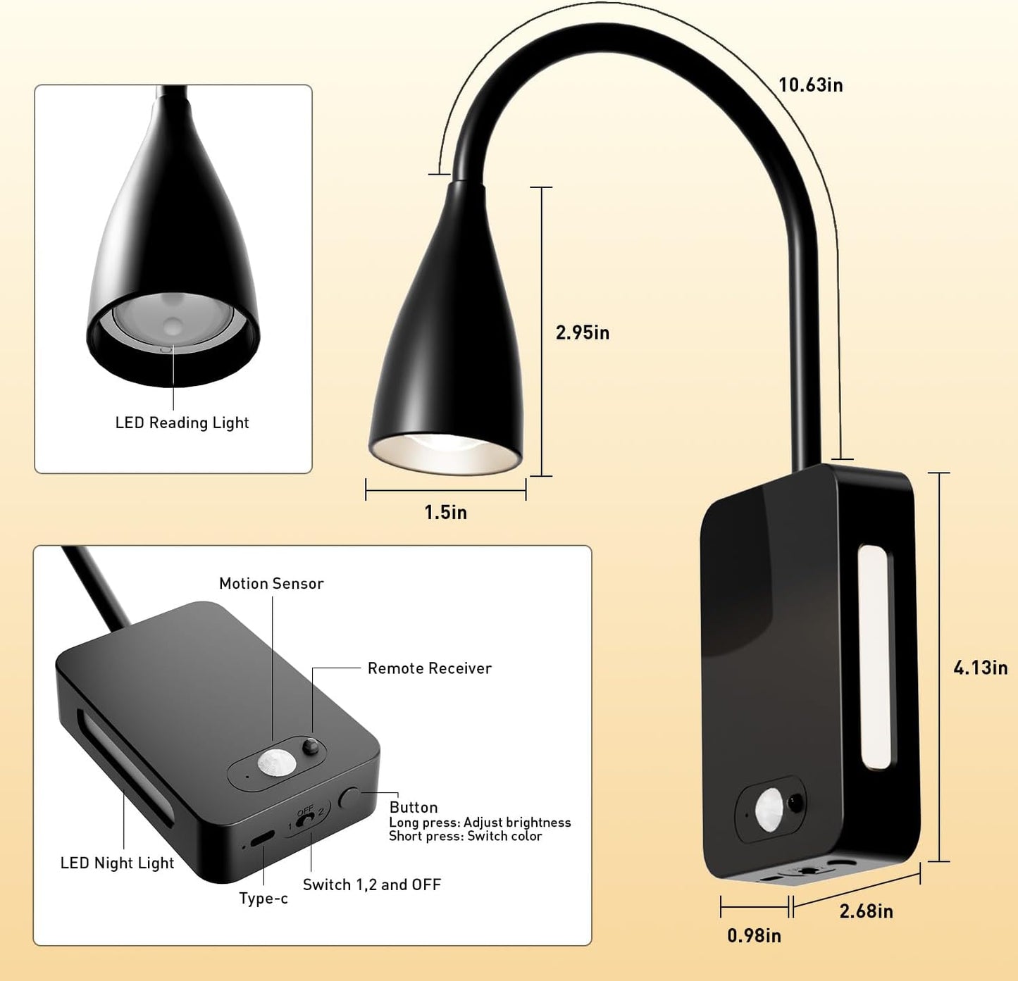 LED Wall Mounted Reading Light,4000mAh Bedside Wall Lamp with Remote Control & Motion Sensor,Book Light for Reading in Bed,3 Color Temps,Dimmable & Timers,360° Flexible Gooseneck Night Light,Black