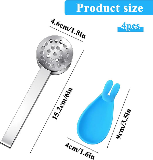 4PCS Stainless Steel Tea Bag Squeezer with Bunny Silicone Tea Bag Holders, 6inch Round Teabag Squeezer Strainer Clips Sugar Ice Cube for Kitchen Bar Tools