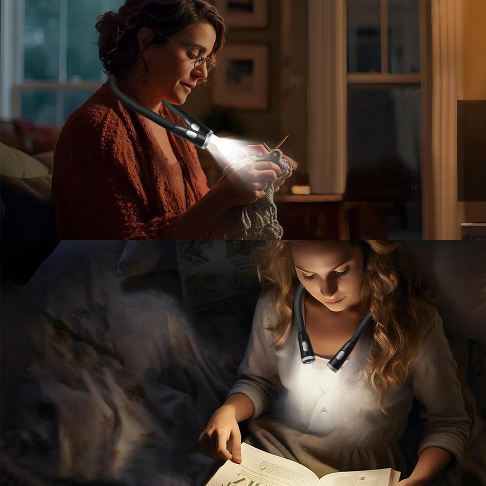 Neck Reading Light, Rechargeable Book Light for Reading in Bed, Hands Free, 360° Flexible Arms, Neck Light for Reading, Knitting, Camping, Repairing