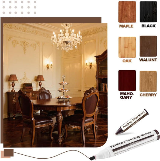 Furniture Repair Kit Wood Markers - 13 Markers & Wax Sticks with Sharpener | Fix Wood Scratches & Stains, Touch-up Kit for Floors, Tables, Desks, Bedposts, Fit for All Furniture Surface Repairs Cover Up