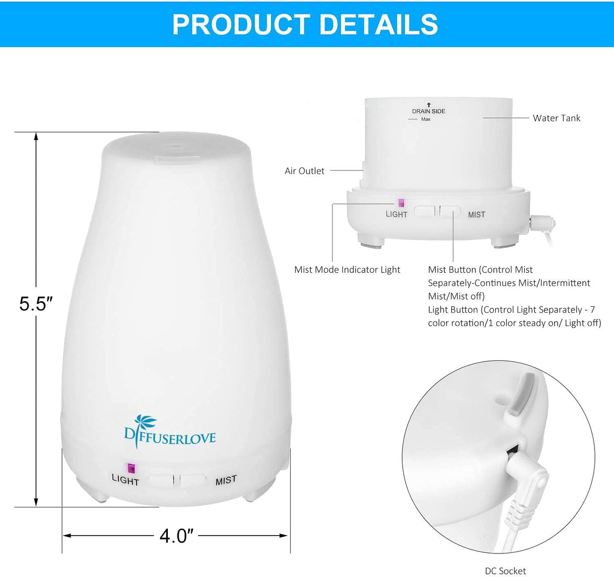 Diffuserlove 2 Pack 200ml Essential Oil Diffuser Ultrasonic Aromatherapy Diffuser Cool Mist Humidifiers with 7 Color LED Lights & Waterless Auto Shut-Off for Home Office Kitchen Bedroom