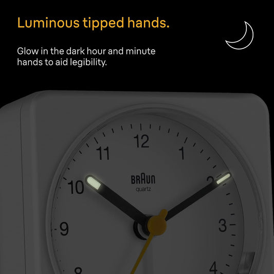 Braun Classic Analogue Alarm Clock with Snooze and Light, Quiet Quartz Sweeping Movement, Crescendo Beep Alarm in White, Model BC03W.