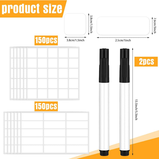 Cholemy 300 Pcs Dry Erase Labels 1"x3" & 1.5" Waterproof Removable Reusable Food Stickers with 2 Markers, White Erasable Tags for Fridge Freezer Pantry Jar Kitchen Classroom Organization