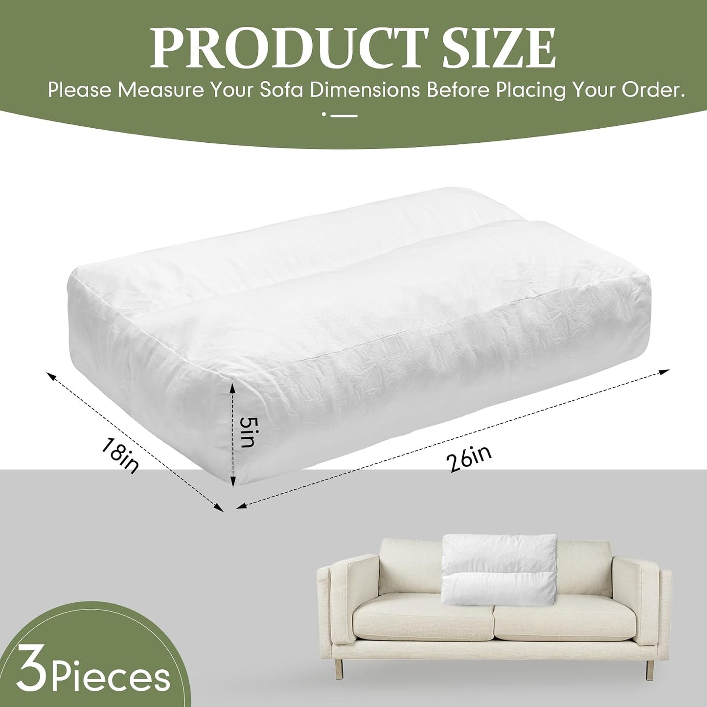 JZHLLA 3 Pcs Shredded Foam Sofa Back Cushions Replacement Fluffy Memory Sponge Couch Pillow with Quilted Design 26x18x5 Inch Lumbar Support Pillow for Sofa Bed Floor
