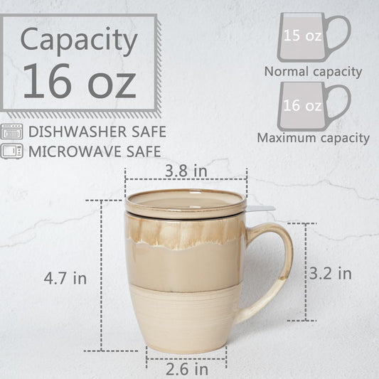 Bosmarlin Ceramic Tea Cup with Infuser and Lid, 16 Oz, Dishwasher and Microwave Safe, 5 Colors to Choose, Reactive Glaze, Steeping Tea Mug with Strainer (Green)