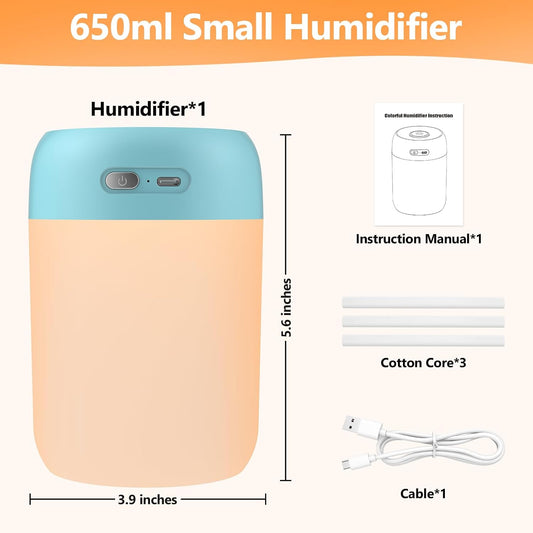 Portable Small Humidifier, 650ml Plant Humidifier, Deep Pink | 7 Colors&Warm Light, Mini Humidifiers for Plants, Bedroom, Office, Dsektop