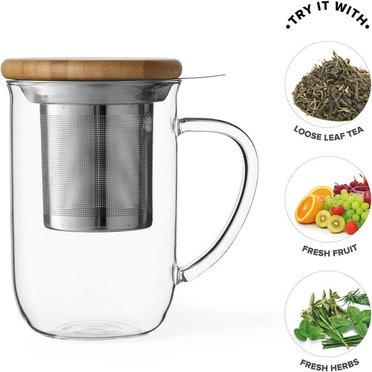 VIVA Minima Balance Glass Infuser Tea Cup - 17 oz / 500 ml Mug with Stainless Steel Infusion Mesh and Bamboo Wood Lid