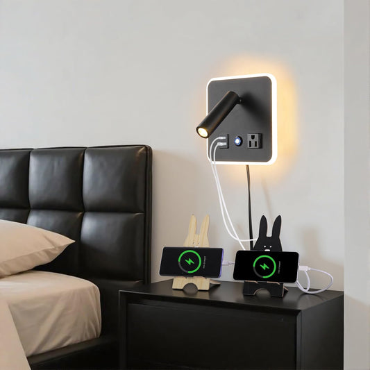 Dimmable LED Wall Reading Lamp with USB-A/USB-C Ports, 3000K, Black | Separate reading and ambient backlight controls, memory dimmer, adjustable angles, plug-in/hardwired, bedroom, bedside, hotel