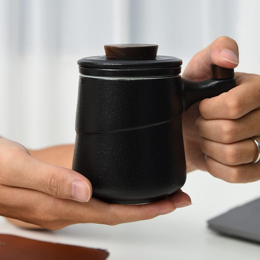 Tea Cup with Infuser and Lid, Rural style Wood Handle Ceramic Mugs Green | Tea Mug Cups with Infuser, Capacity about 320ml / 10.82 OZ, Suitable for Tea, Flower Buds, Coffee, Water, it is LEAD-FREE