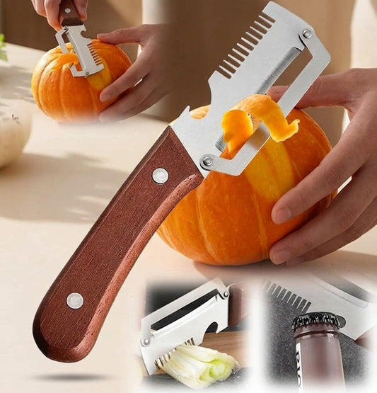 2-Pack Multifunctional Vegetable Peeler, 3 in 1 Kitchen Peeler with Wooden Handle, Grater & Bottle Opener for Potato, Carrot, Apple, Fruit & Vegetable (3 in 1)