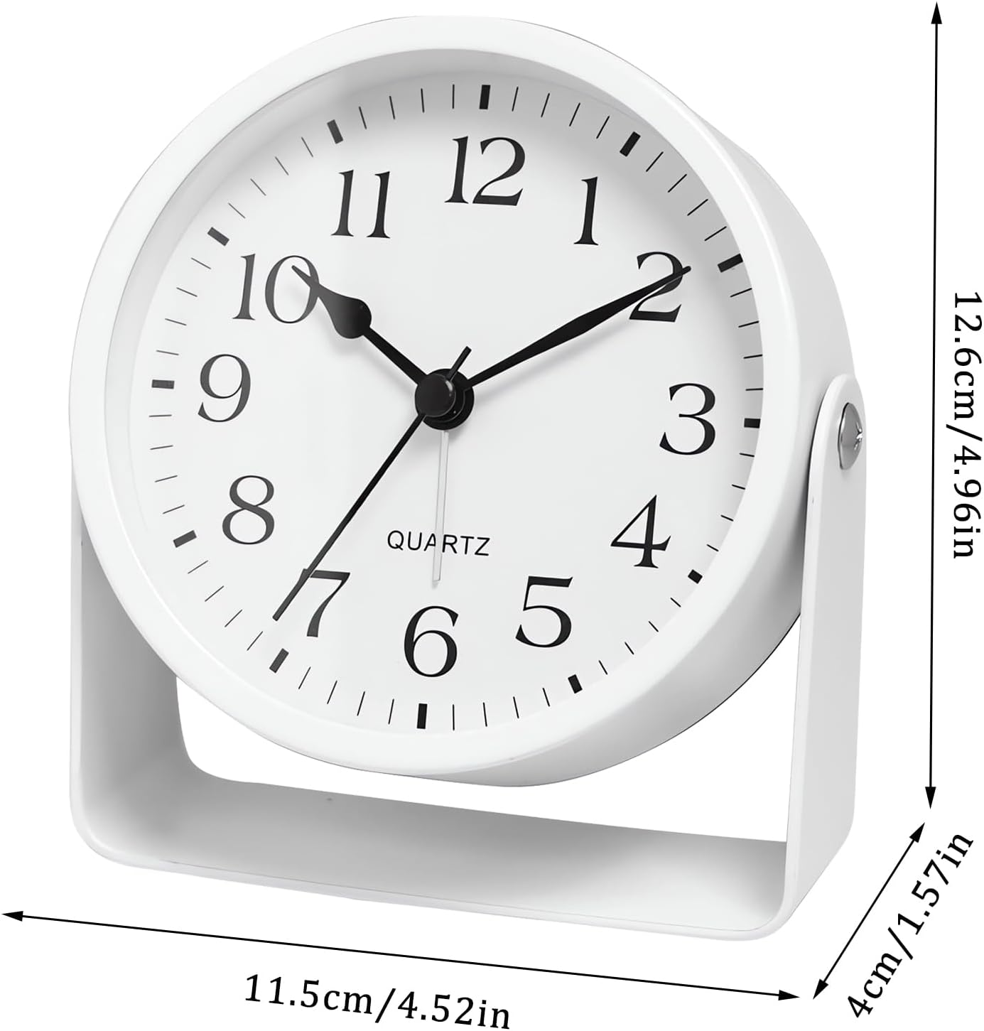 Analog Alarm Clock - 4.5" Silent Non Ticking Small Clock with Light, Rotatable Stand Metal Desk Clock Battery Operated, Simple Design for Living Room Decor/ Bedroom/Bedside/Shelf (Black & White)