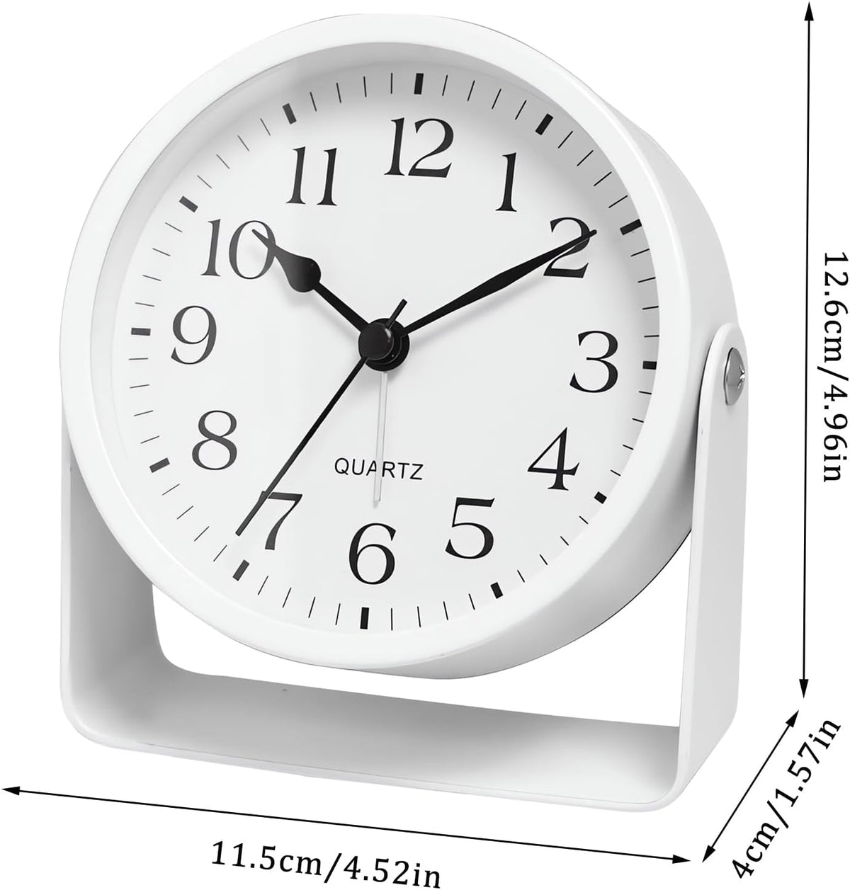Analog Alarm Clock - 4.5" Silent Non Ticking Small Clock with Light, Rotatable Stand Metal Desk Clock Battery Operated, Simple Design for Living Room Decor/ Bedroom/Bedside/Shelf (Black & White)