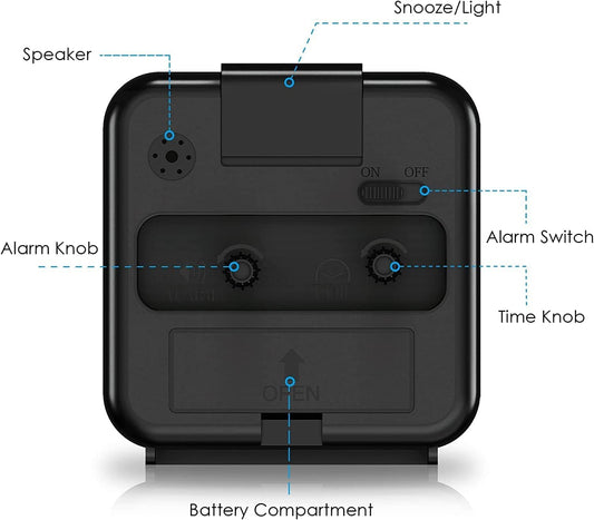 AMIR Analog Alarm Clock, Silent Non Ticking Small Clock, Travel Alarm Clock with Snooze & Light, Ascending Beep Sounds, Battery Operated Loud Alarm Clock for Bedroom, Bedside, Desk (Black)