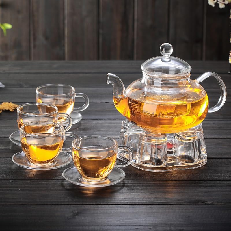 Jusalpha 11 PC-Glass Filtering Tea Maker Teapot with a Warmer and 6 Tea Cups Set (Version 2, 27-Oz)