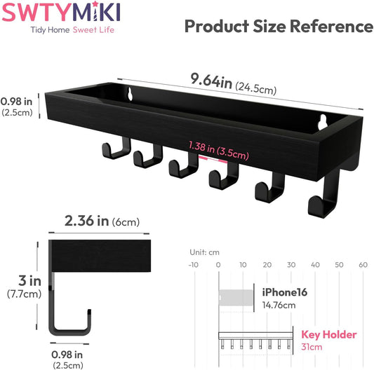 SWTYMIKI Key Holder Wall Mount - Wooden Key Hooks for Wall with Mail Organizer & 6 Hooks, 2 Installation Ways Key Hanger, Key Rack with Shelf for Entryway Living Room Bedroom Office Home Decor Black