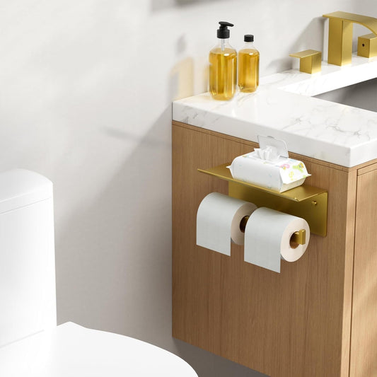 FORIOUS Toilet Paper Holder with Shelf, Commercial Toilet Paper Dispenser | Brushed Nickel | SUS304 Stainless Steel Wall Mount Double Bathroom Tissue Roll Holder for Hotel, Apartments, etc