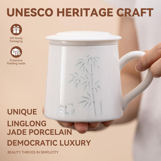 Ceramic Tea Mug with Infuser & Lid - 15oz Loose Leaf Tea Cup with Infuser,Hand-Painted Plum Blossom - Resilience & Elegance,Insulated Ceramic Coffee Mugs with Lid, Gift Set for Women/Men