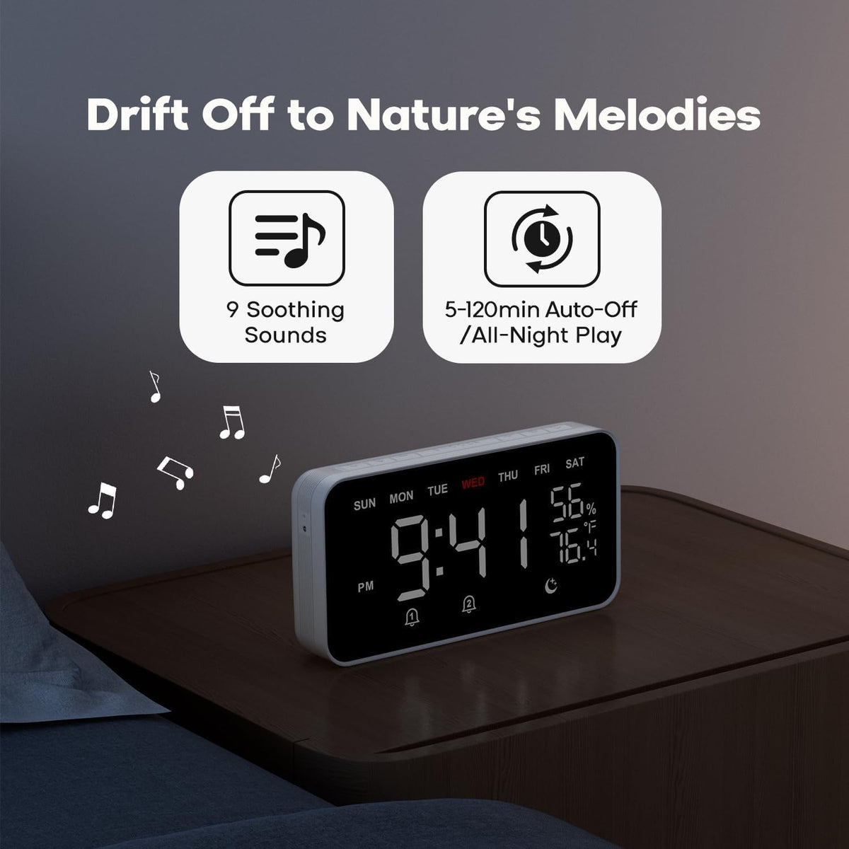 Dekala Digital Alarm Clocks for Bedrooms, Loud Alarm Clock for Heavy Sleepers, Temperature & Humidity Detect, Dual Alarms Weekday/Weekend Mode, Large Display Auto Dimmer, Sleep Sound,9 Ringtone