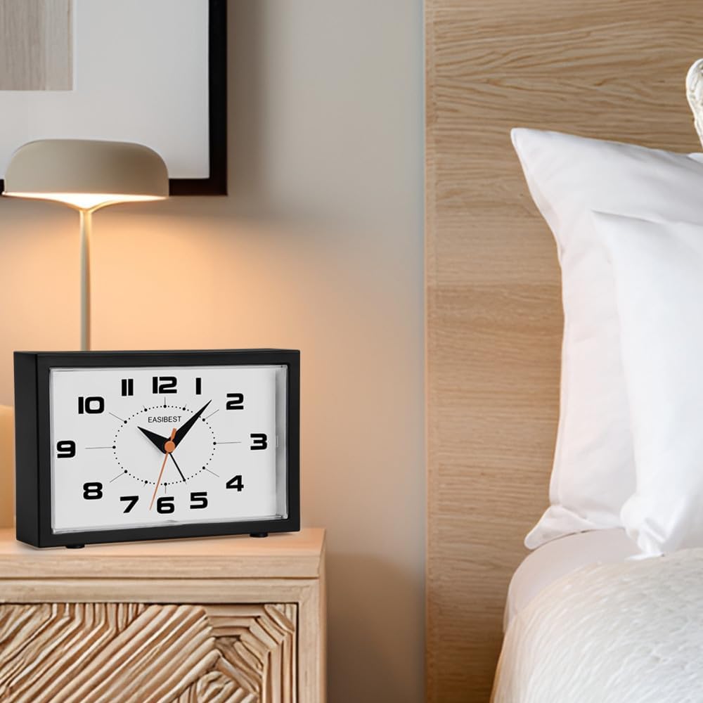 Silent No Ticking Analog Alarm Clock,Crescendo Alarm,Snooze with Light,Tablemount Wall Mount for Desk Bedside,Black
