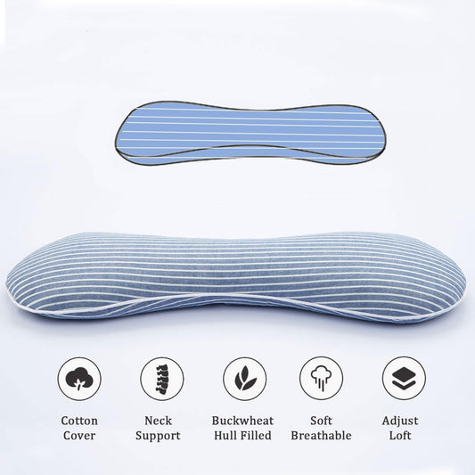 Buckwheat Pillow Cervical Neck Pillow, Buckwheat Hulls Filling Cooling Lumbar Support Pillow, Adjustable Firmness Ergonomic Design with Washable Cover, Blue 19"X7"