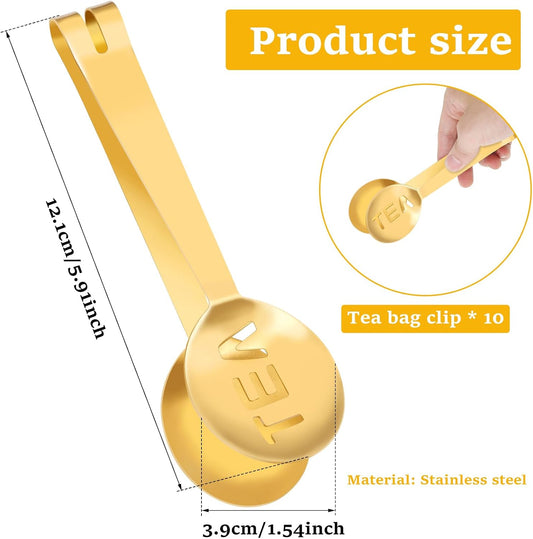 10Pcs Tea Bag Squeezer Tongs, Gold Tea Spoon for Loose Tea, Strainer Tongs Holder Round Tea Bag Clamp, Tea Filter Spoon Clamp Tea Strainer for Gripping Loosing Leaf,Ice cubeand Lemon Slice