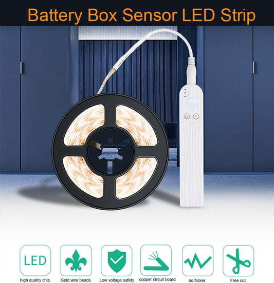 LED Under Cabinet LED Strip Motion Sensor, Battery Powered Bed Stairs Wardrobe Lamp Tape, Waterproof 5V LED Closet Smart Night Strip Light (1M, Cold White)