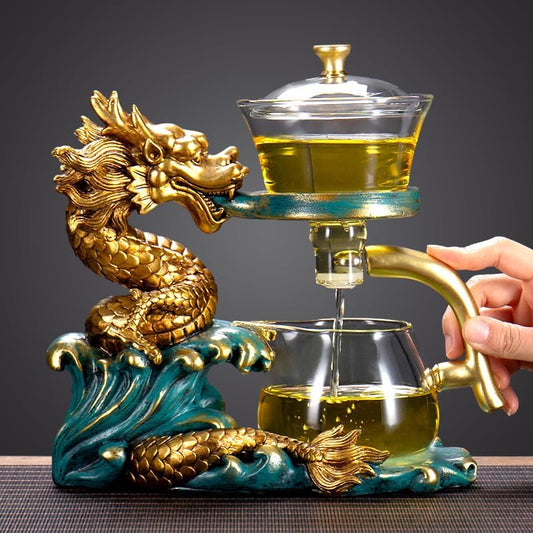 Glass Teapot Set Tea Maker with Infuser Semi Automatic Drip Rotating Cover Bowl Lazy Tea Set (Dragon, Teapot set)