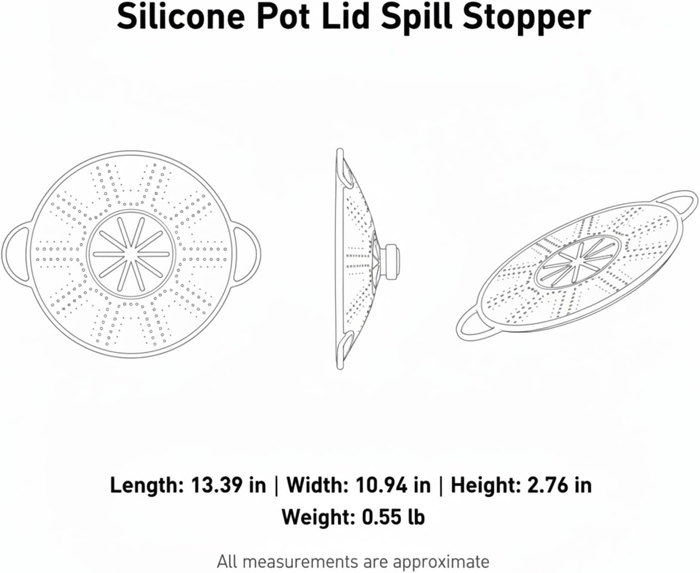 Silicone Pot Lid Spill Stopper with Handles, Heat Resistant Cover for Boiling Pots, 13.4 x 10.9 Inches, Black
