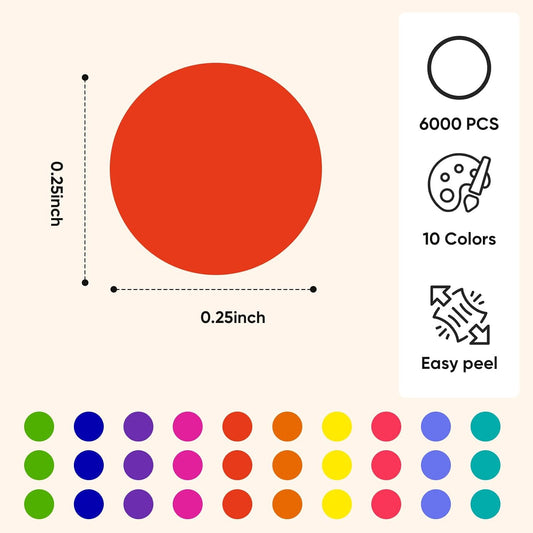 6000 PCS 1/4" Small Dot Stickers Round Color Coding Labels Circle Dots Labels Sticker for Office, Classroom Etc