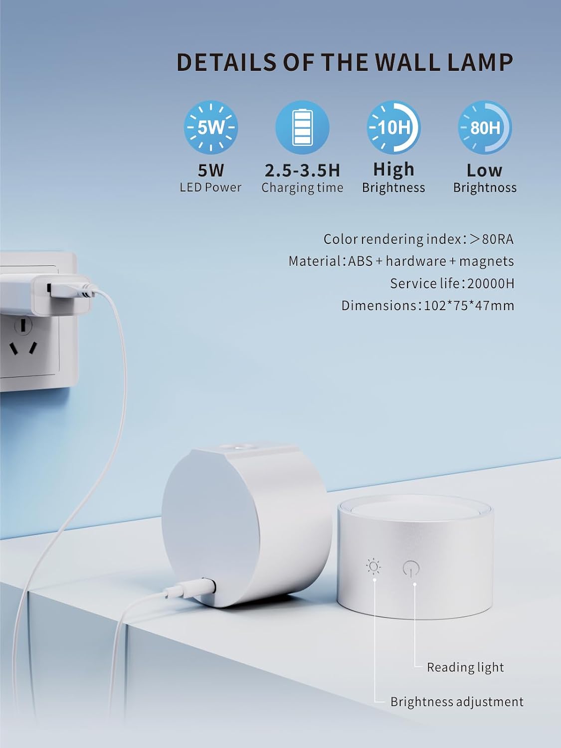 LANMEL LED Wall Mounted Lights,360° Rotating Rechargeable Wall Sconce Lamp