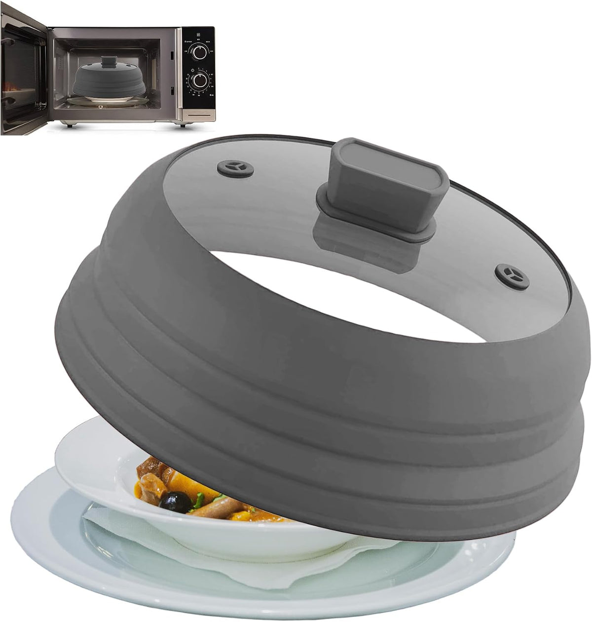 Collapsible Microwave Splatter Cover, Glass Silicone Foldable Microwave Lid for Food, 10.8 Inch Grease Splatter Guard for Pots, Pans & Bowls, Grey