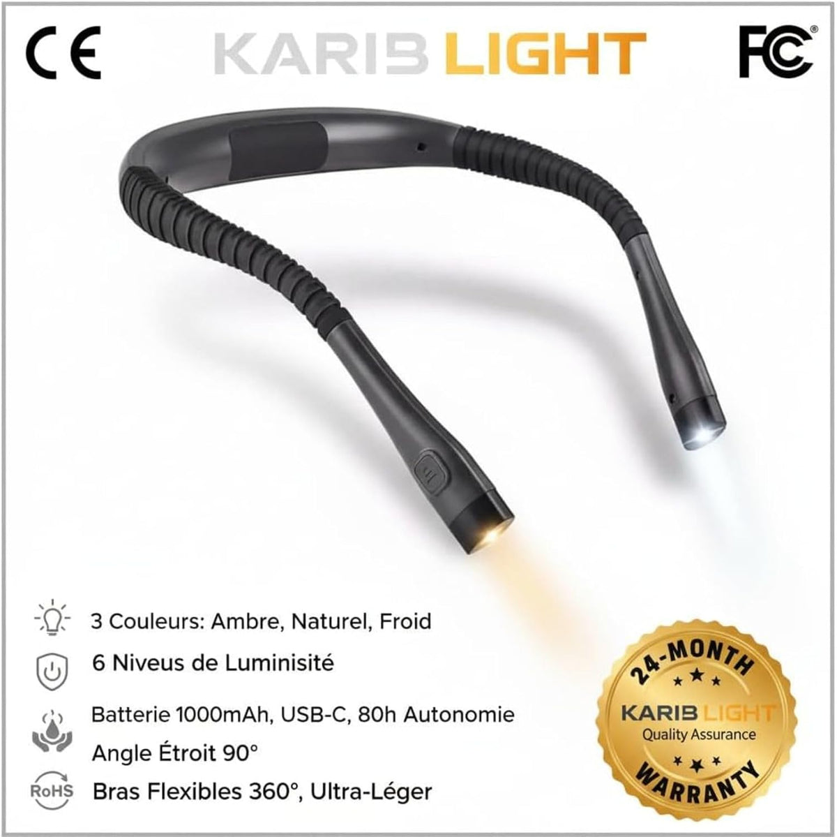 KARIB'LIGHT Rechargeable Neck Reading Light – LED Book Lamp for Bed, Blue Light Filter (Eye Care) – 1000mAh Battery, 3 Modes & Flexible Arms – Hands-Free for Knitting, Repair, Camping Hands Free