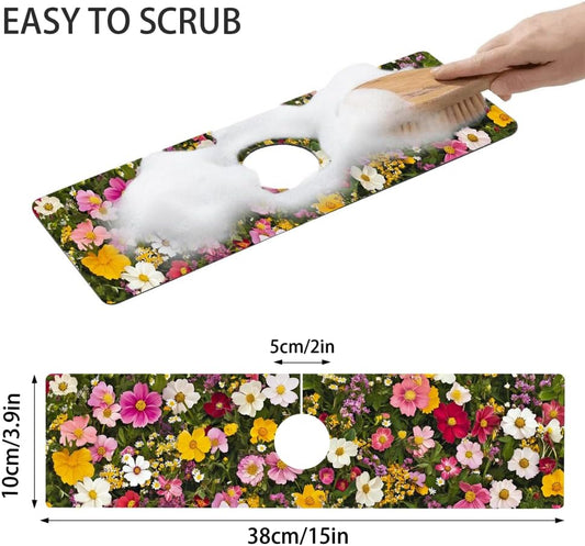 Bimkole 2 PCS Faucet Absorbent Mat, Kitchen Faucet Sink Splash Guard Wraparound Cloth Pads Drip Catcher for Sink Faucet for Kitchen Bathroom Faucet, Colorful Faucet Mat, 15 x 4 Inch Flower A6