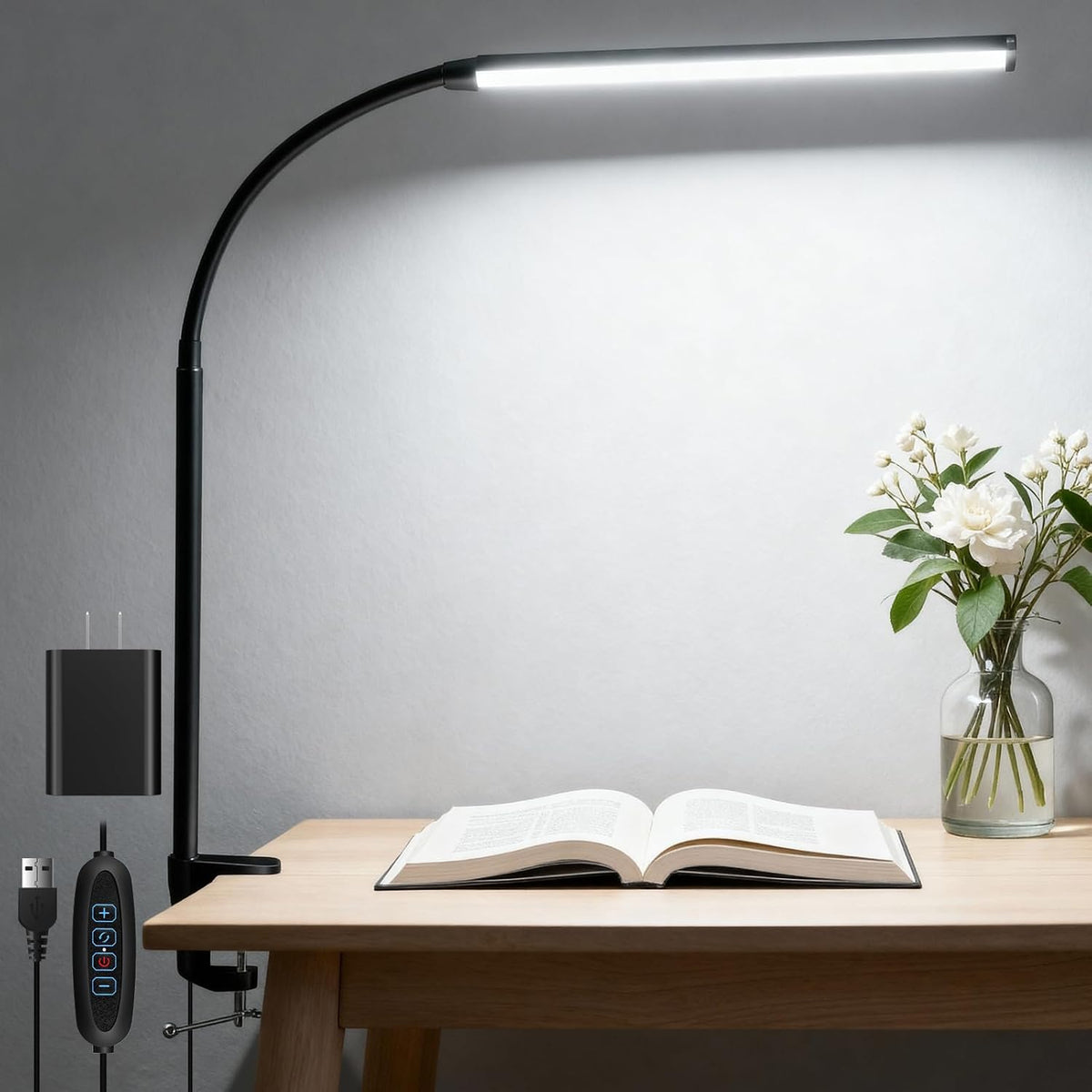 Clip on Desk Lamp with Clamp,Dimmable Eye Caring Book Reading Light for Bed