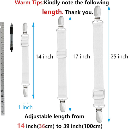Adjustable Bed Sheet Straps,Bed Sheet Clips, Elastic Bed Fitted Sheet Holder from 14 to 39 Inch,Couch/Sofa Cover Straps,Sheet Fastener Suspenders,Fitted Sheet Straps Clips,White