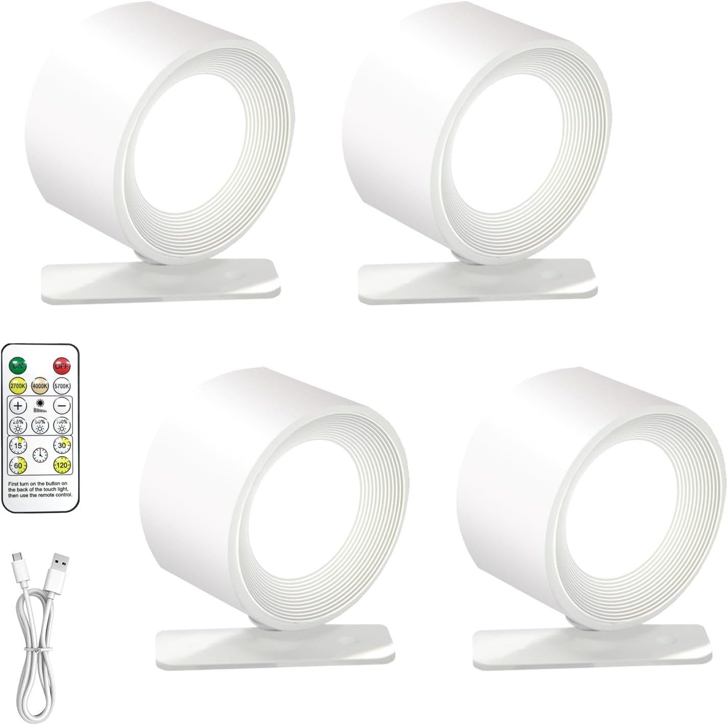 Rechargeable Wall Sconce with Remote & Touch, 360° Rotatable Battery Operated Wall Lights, 3-Color Dimmable, No Drill Adhesive, Ultra Long Battery for Bedroom Reading(White-4PC)