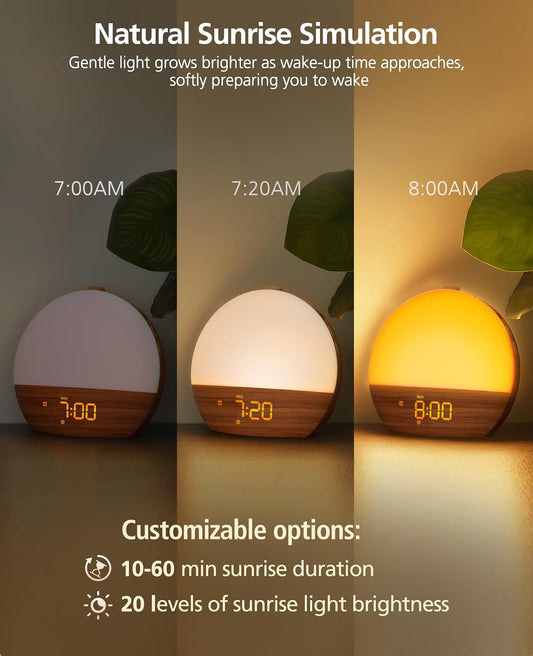 Wood Grain White Noise Sound Machine Sunrise Alarm Clock with 30 Soothing Sounds, 17 Night Lights, Bluetooth Speaker Wake Up Light Alarm Clocks for bedrooms, Heavy Sleepers, Baby, Kids