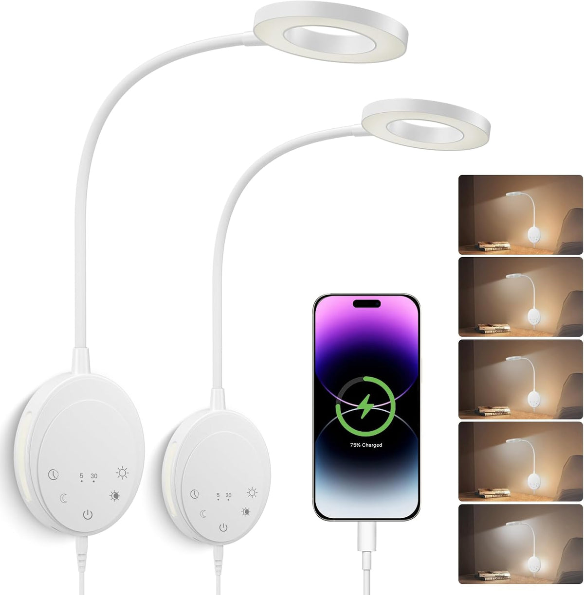 Wall Mounted Reading Light, Bedside Headboard Lights with 5 Color Temperature & 5 Dimming, 360 Flexible Gooseneck, USB Output, Night Light & Timer Function - Perfect for Reading (Black)