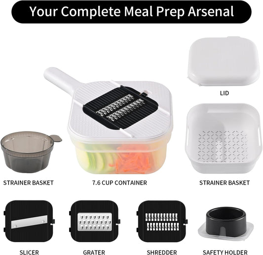 Vegetable Chopper, 3 Blade Veggie Chopper with 7.6 Cup Container, Mandoline Slicer Fruit Cutter with Strainer Basket & Safety Holder, BPA & PFAS Free Food Chopper for Onion Potato Carrot