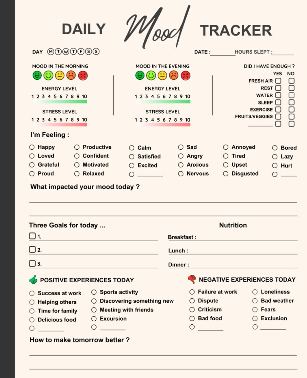 Mood Tracker Journal: Daily Mood Tracker Notebook | Daily Health & Wellness Diary with Prompts | Mental Health Diary
