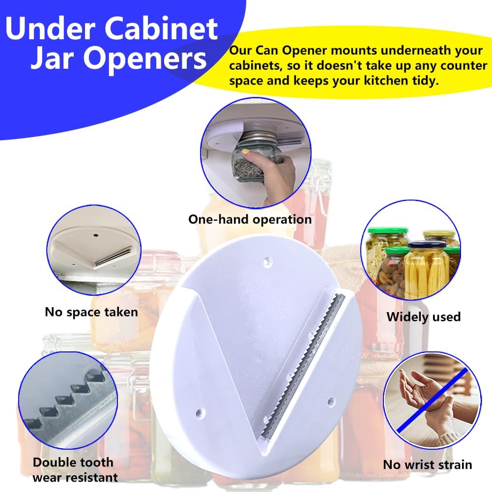 Under Cabinet Jar Openers for Seniors With Arthritis or Weak Hands, One Handed Bottle Openers, Easy to Use Kitchen Can Opener-White