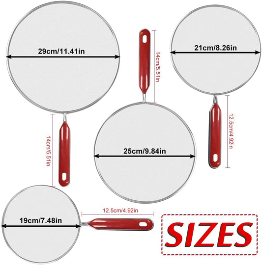 Splatter Screen for Frying Pan, Classic Splatter Screens, Splatter Guard Mesh Stainless Steel Grease Guard Shield with Comfort Grip Handles Set of 4: 11.5", 9.8", 8.3", 7.5'' (29,25,21,19 cm)