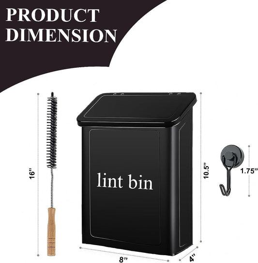 Magnetic Lint Bin with Lint Brush, two white hooks, one black back hook & all accessories for Laundry Room decor, Wall-Mounted Lint Bin with Lid, Powder Coated, Space-Saving Trash Can (Black)
