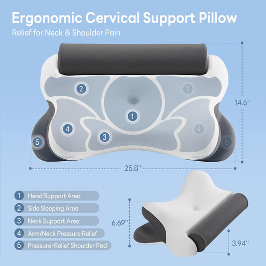 DUMOS 2-in-1 Contoured Neck Pillow, Slow Rebound Cooling Memory Foam with Detachable Round Support Roll, Multi Support Bolster for Neck Waist Ankle, Washable Cover for Side Back Stomach Sleepers, Gray