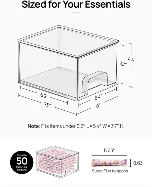 Vtopmart 4 Pack Small Clear Stackable Storage Drawers, Fits Narrow Spaces | Multi-Use Plastic Bins for Bathroom Cabinet Organizer, Makeup, Desk, Vanity, Undersink, Medicine ,Keeps Small Items Organized